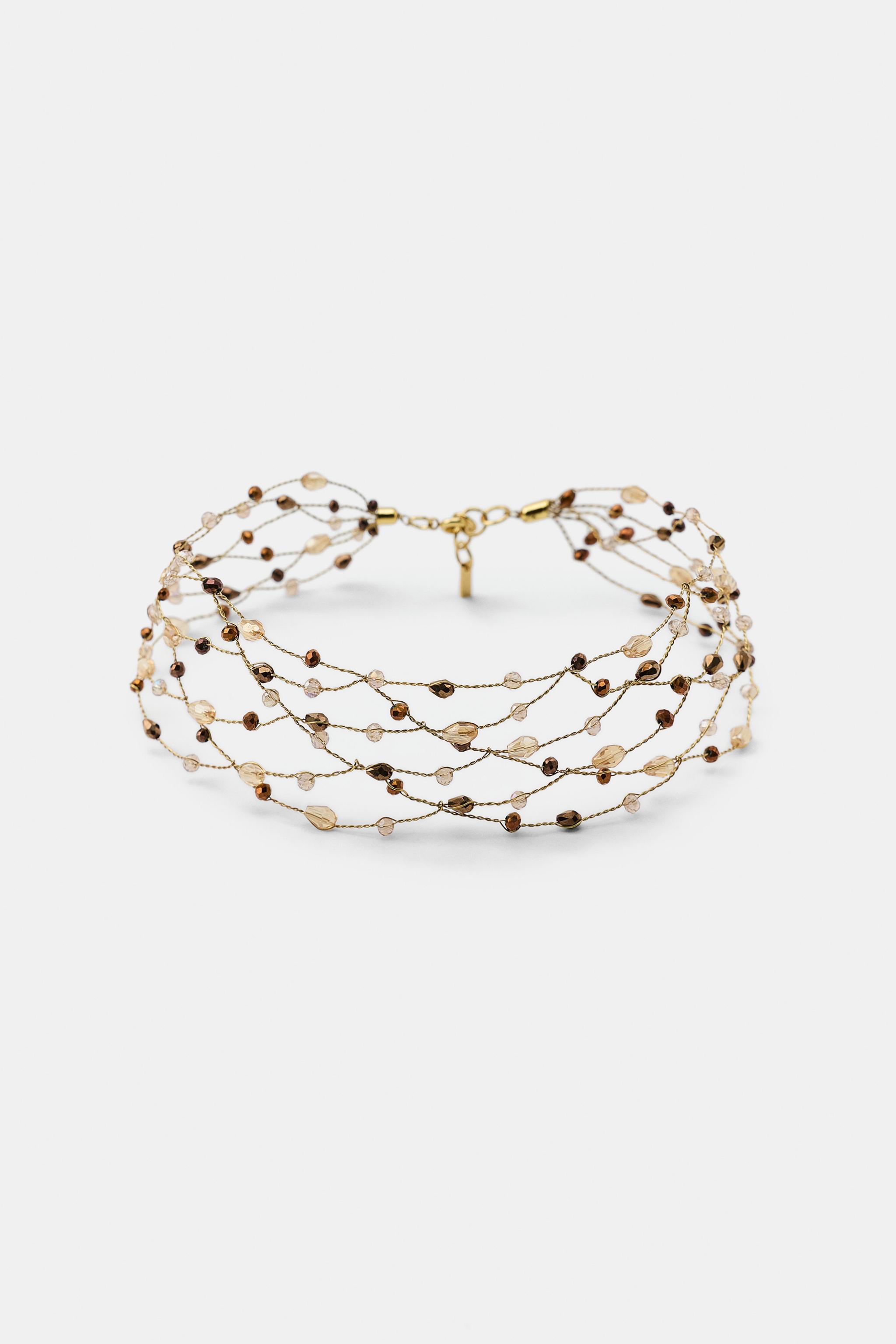 METALLIC THREAD STONE CHOKER NECKLACE — Golden