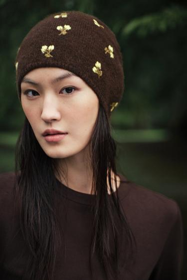 Zara 花卉刺繡針織毛線帽 - 棕色