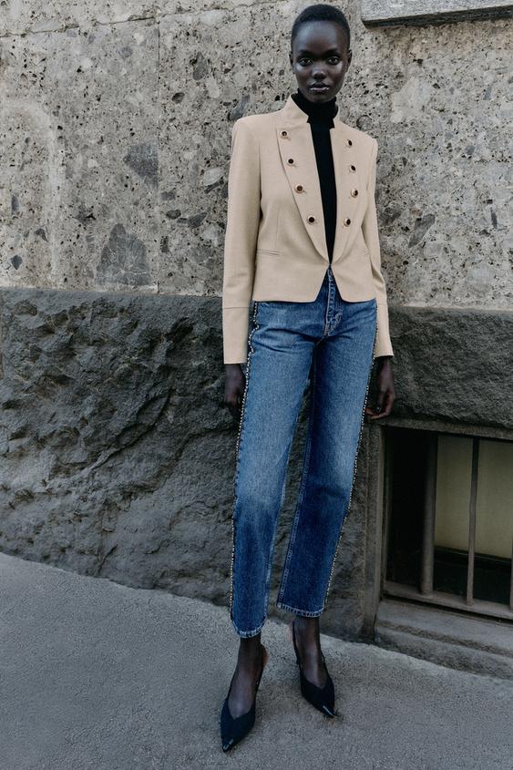 Zara TAILORED LAPEL BUTTON BLAZER - Sand - Image 0