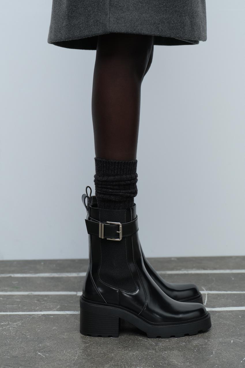 バックル付きチェルシーハイヒールショートブーツ - ブラック | ZARA 