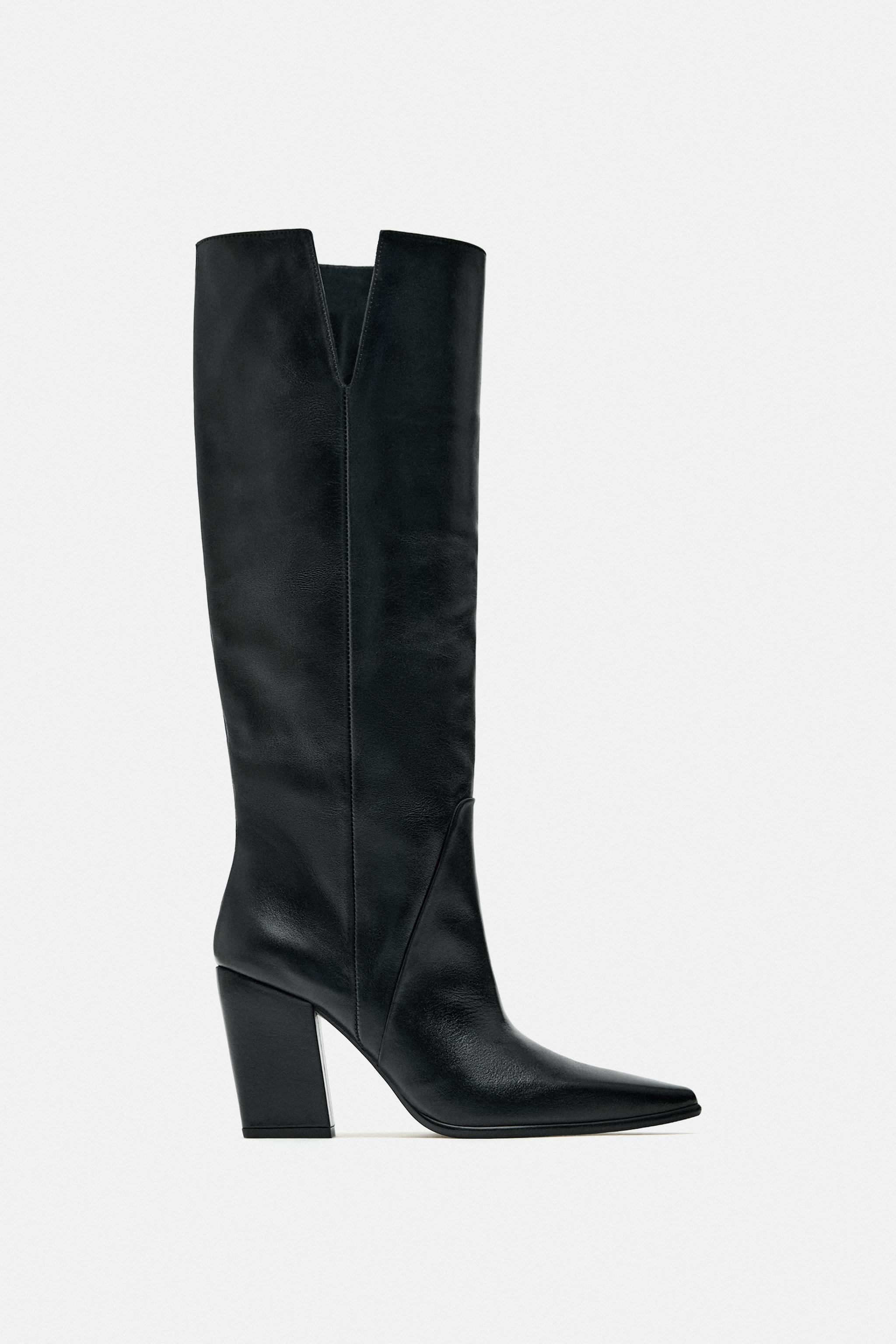 LEATHER BLOCK HEEL KNEE-HIGH BOOTS