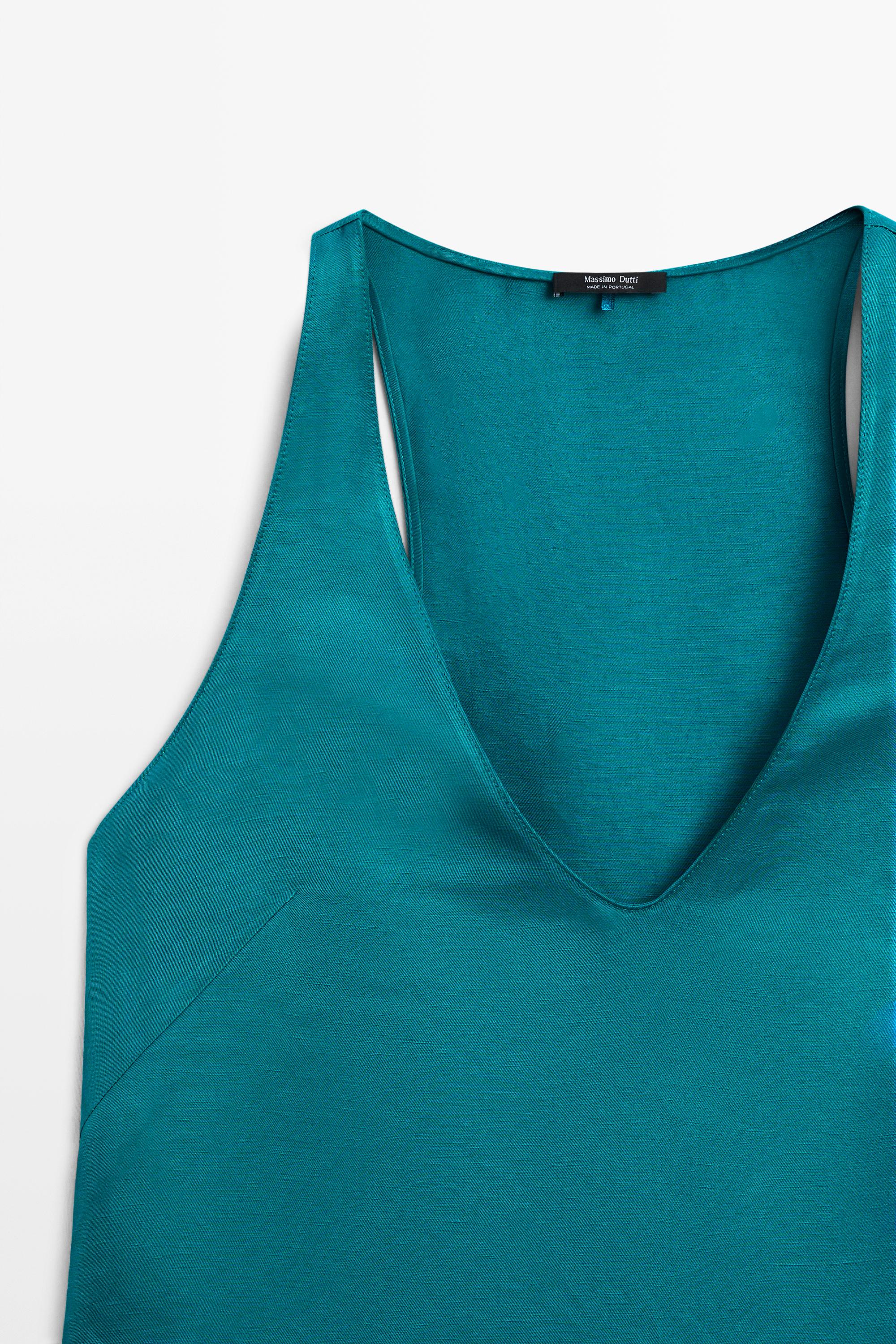 Satin linen blend V-neck top — Dark turquoise