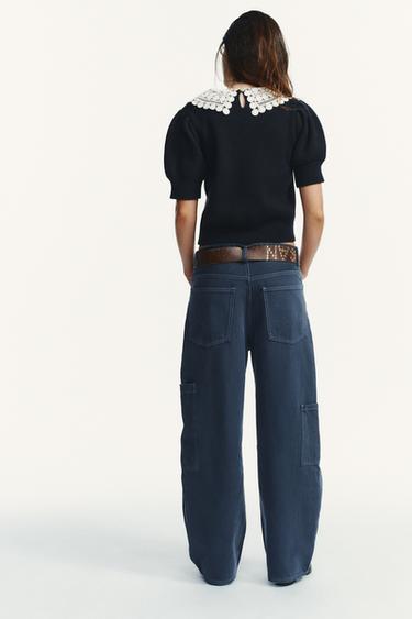 SHORT SLEEVE CROCHET KNIT JUMPER - Navy blue by Zara - Image 2