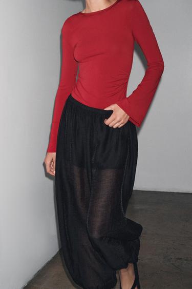 LONG SLEEVE GATHERED T-SHIRT - Burgundy by Zara - Image 3