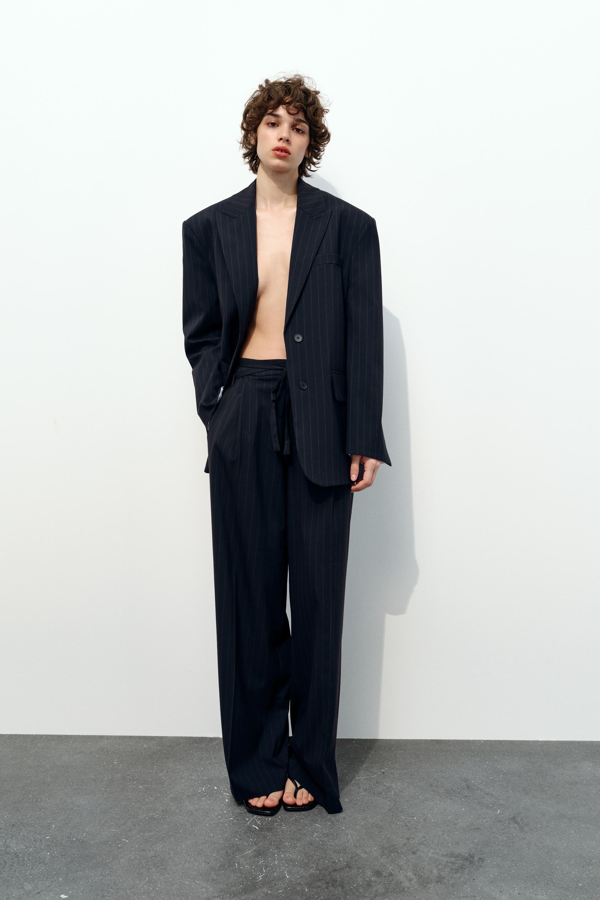 BELTED PINSTRIPE PANTS - Navy blue | ZARA Canada