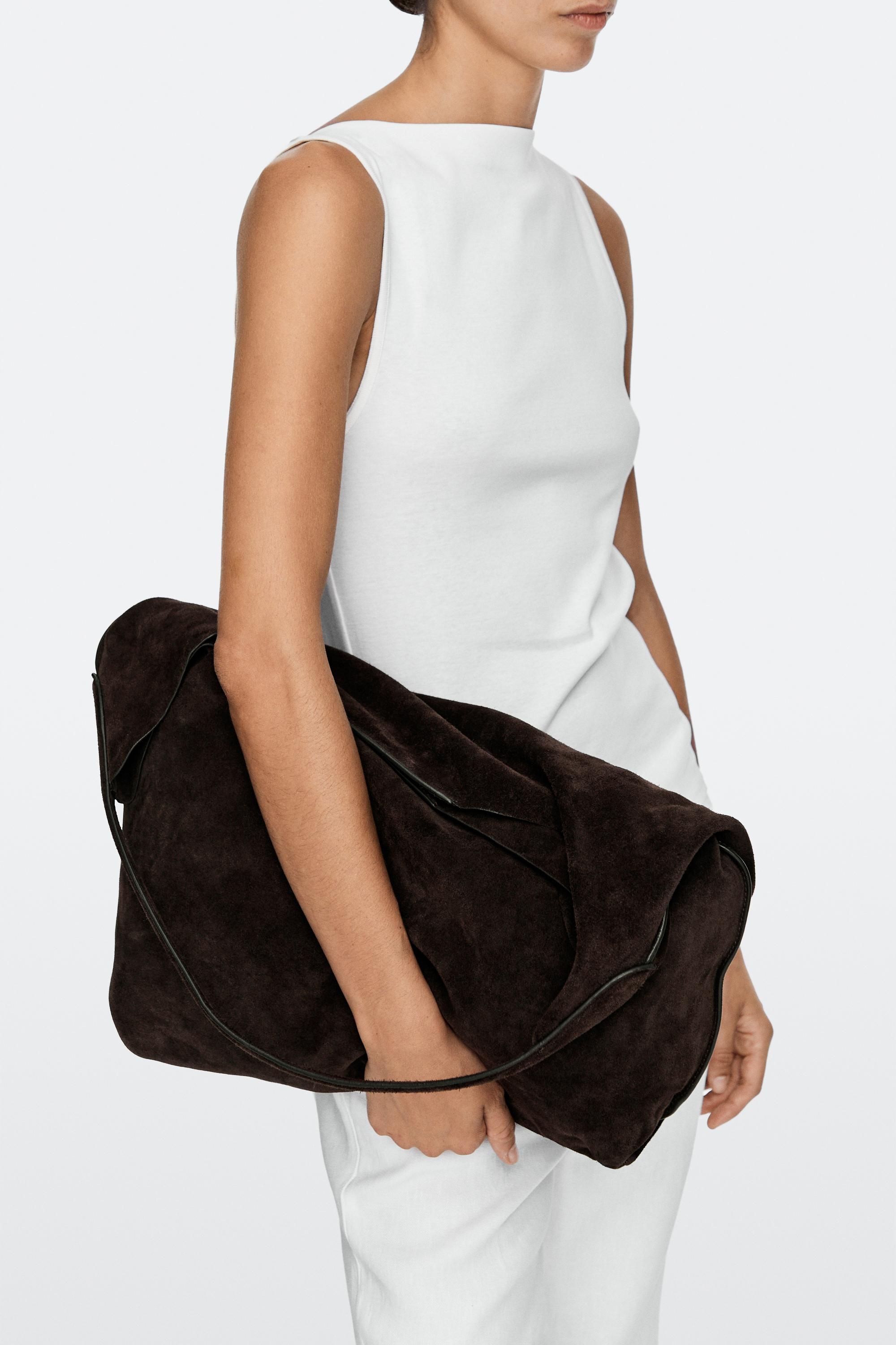 Maxi split suede leather shoulder bag — Chocolate