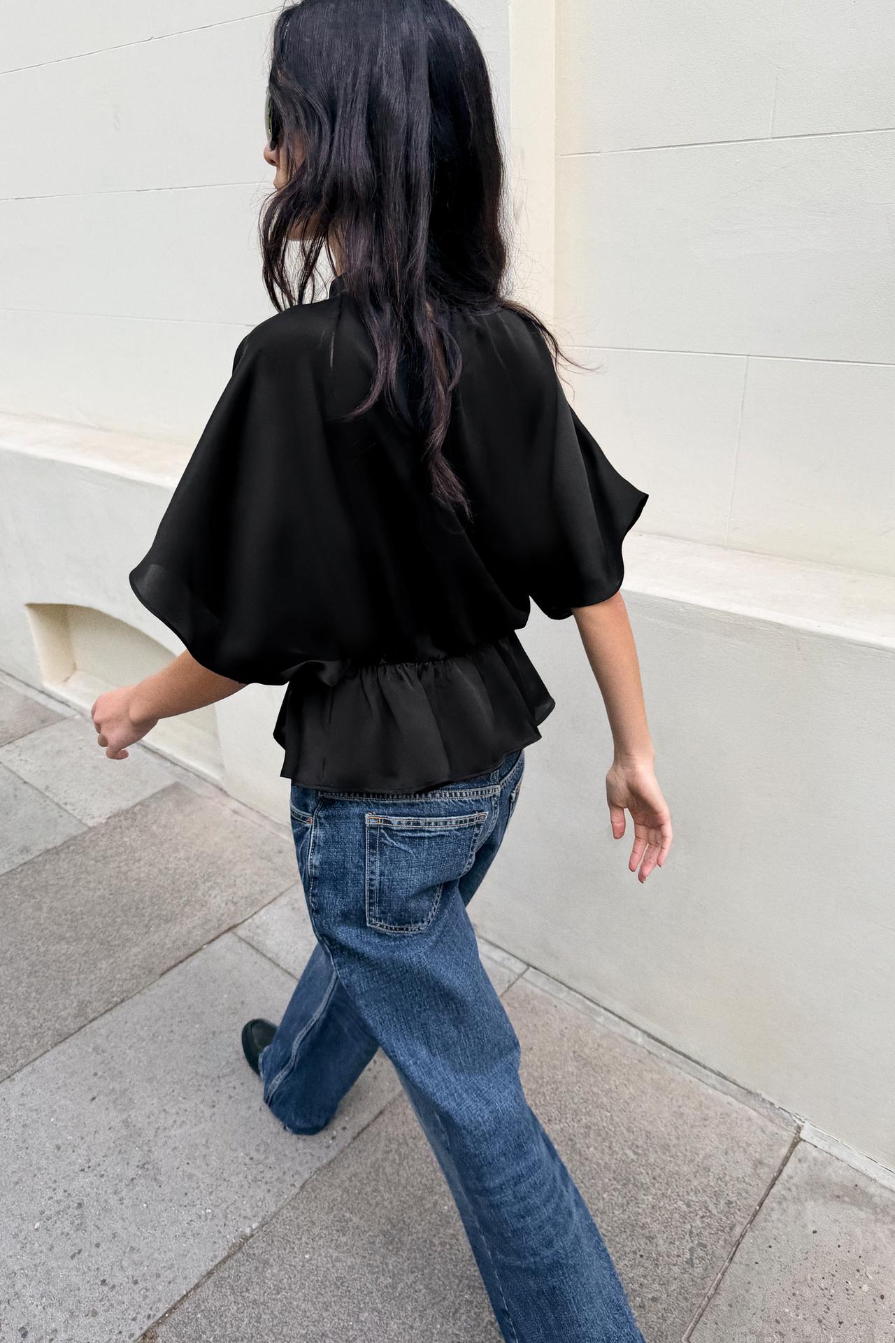DRAPED SATIN BLOUSE — Black