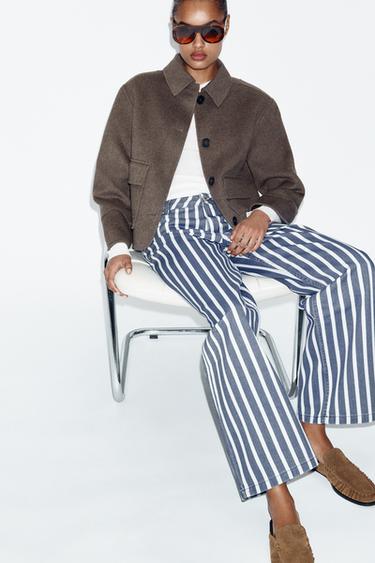 Zara ZW COLLECTION MID-RISE STRIPED LOOSE FIT JEANS - Blue