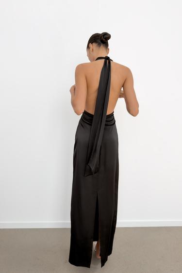 Zara SATIN EFFECT LONG HALTER DRESS - Black