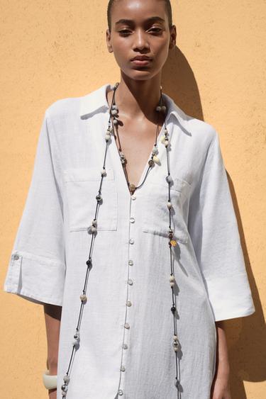 LINEN BLEND SHIRT DRESS - White by Zara
