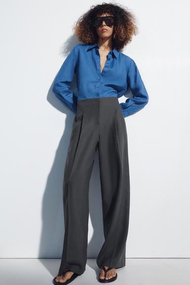 PANTALÓN MEZCLA LINO PLIEGUES - Gris medio de Zara