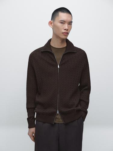 Zara Cotton cable-knit cardigan with zip - Brown marl