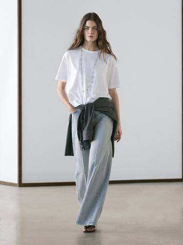 Zara Short sleeve cotton balloon T-shirt - Oyster-white - Image 0