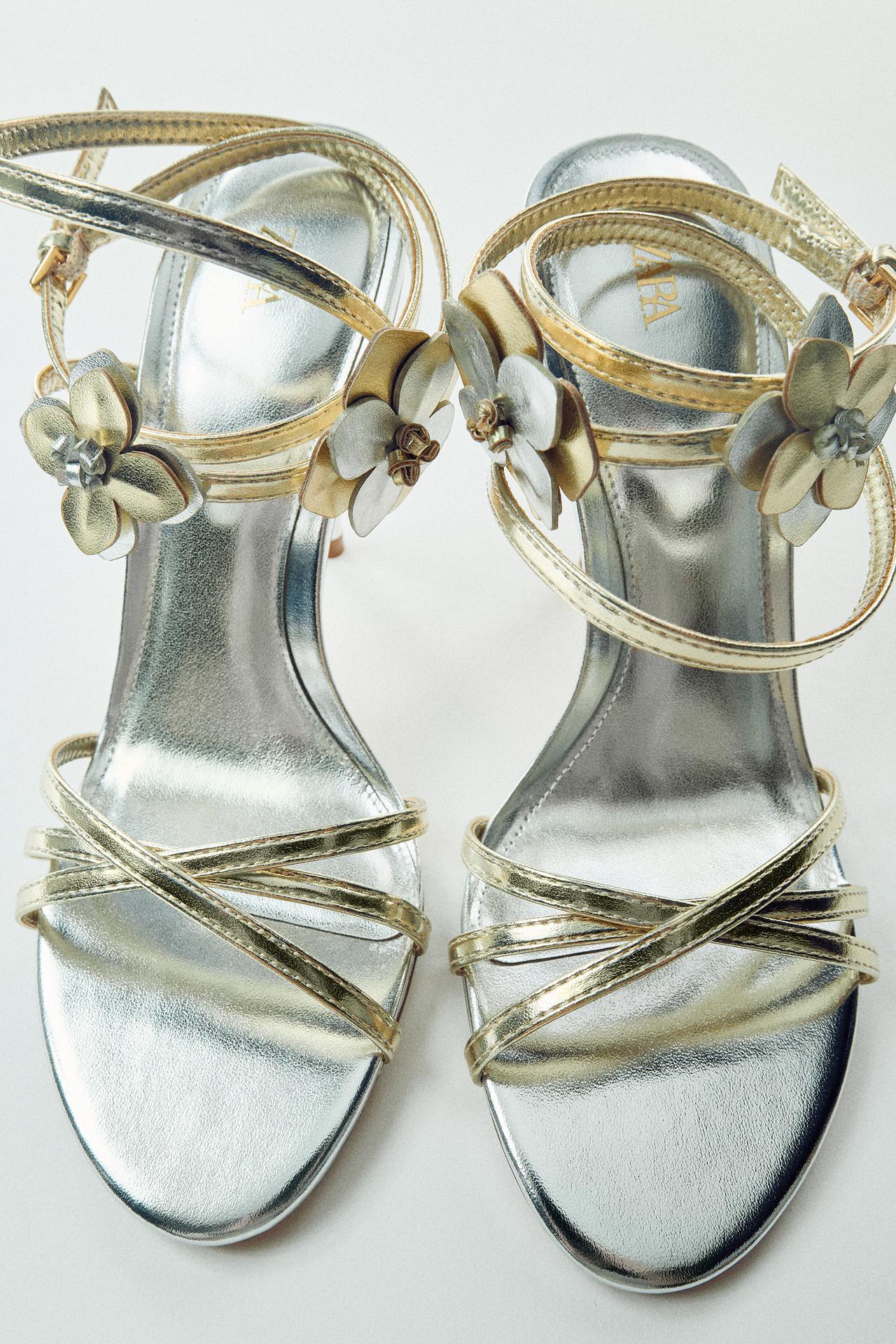 METALLIC HEELED SANDALS WITH APPLIQUES — Gold