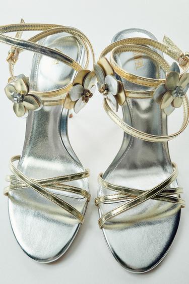 METALLIC HEELED SANDALS WITH APPLIQUES — Gold 2