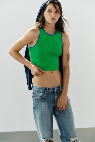 CONTRAST PIPED KNIT CROP TOP - Green by Zara
