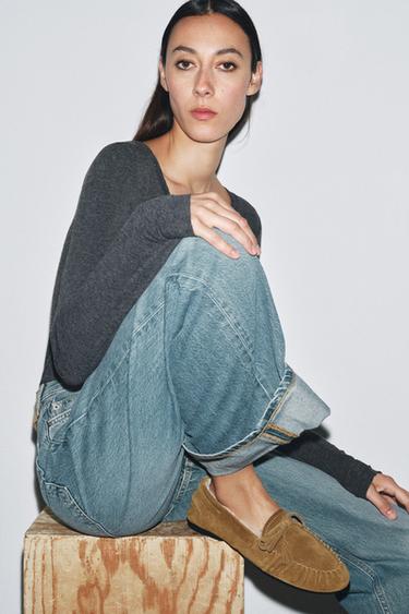 SPLIT SUEDE LOAFERS WITH FAUX SHEARLING - Beige by Zara