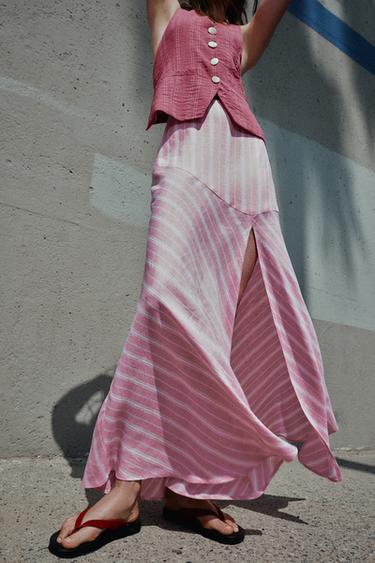 Zara STRIPED LINEN MIDI SKIRT - Pink / White