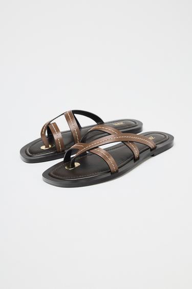 FLAT LEATHER STRAPPY SANDALS - Brown by Zara - Image 1