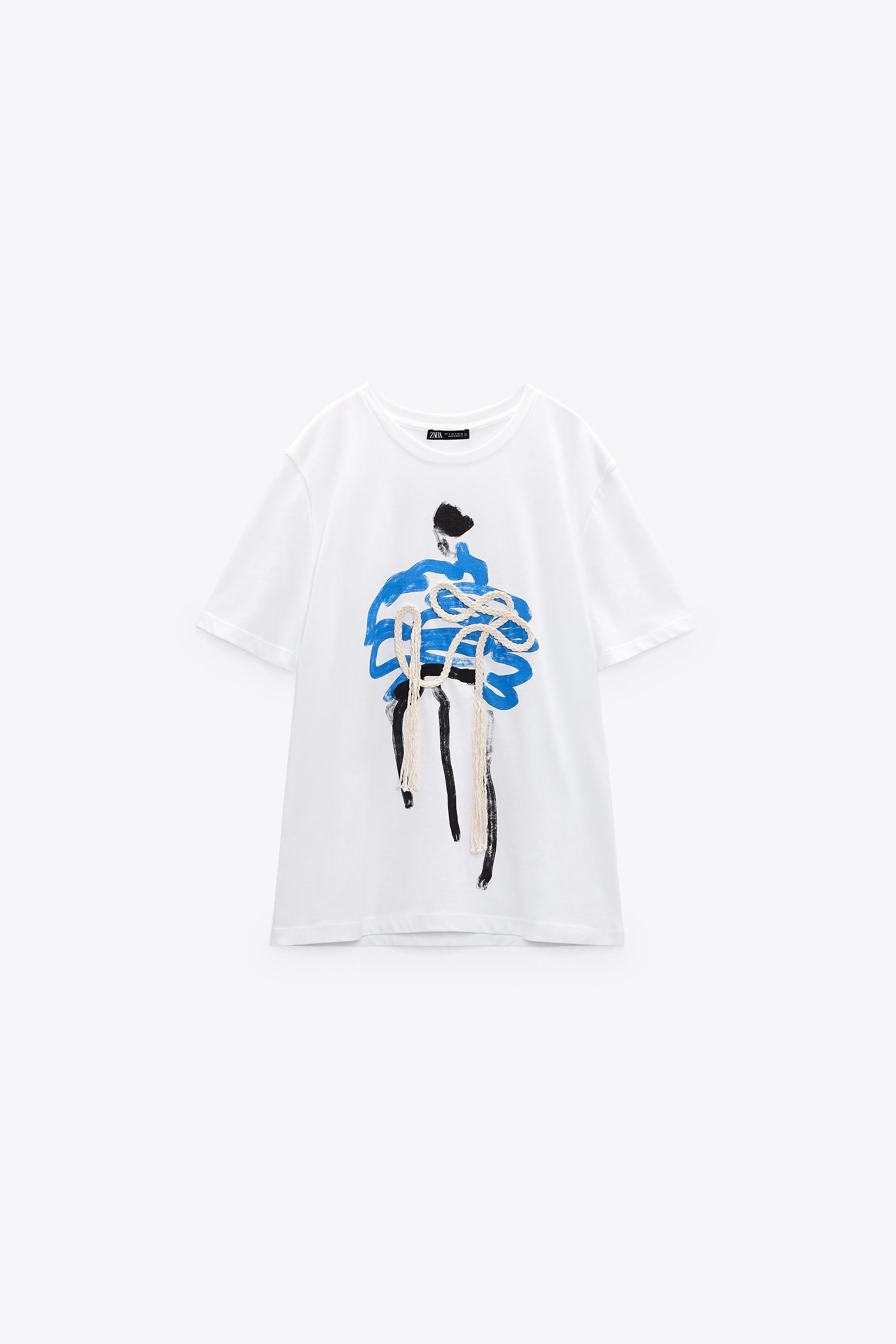 T-SHIRT WITH WOMAN AND DRAWSTRING DETAIL - White | ZARA 