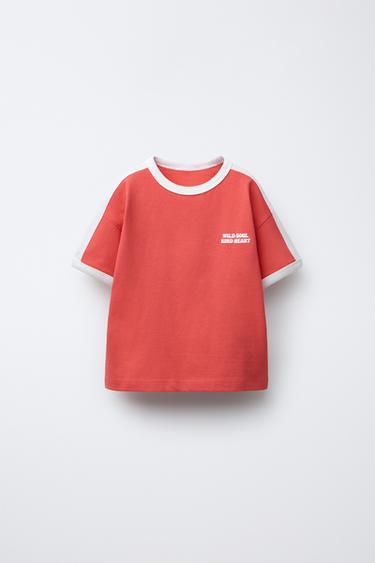 Zara RAISED TEXT PRINT T-SHIRT - Red / White - Image 0