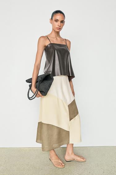Jupe midi fluide patchwork - Blanc de Zara