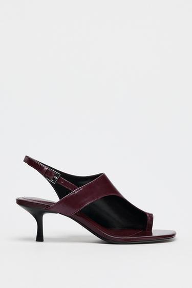 Zara CHUNKY LEATHER HIGH HEELED SANDALS - Burgundy Red