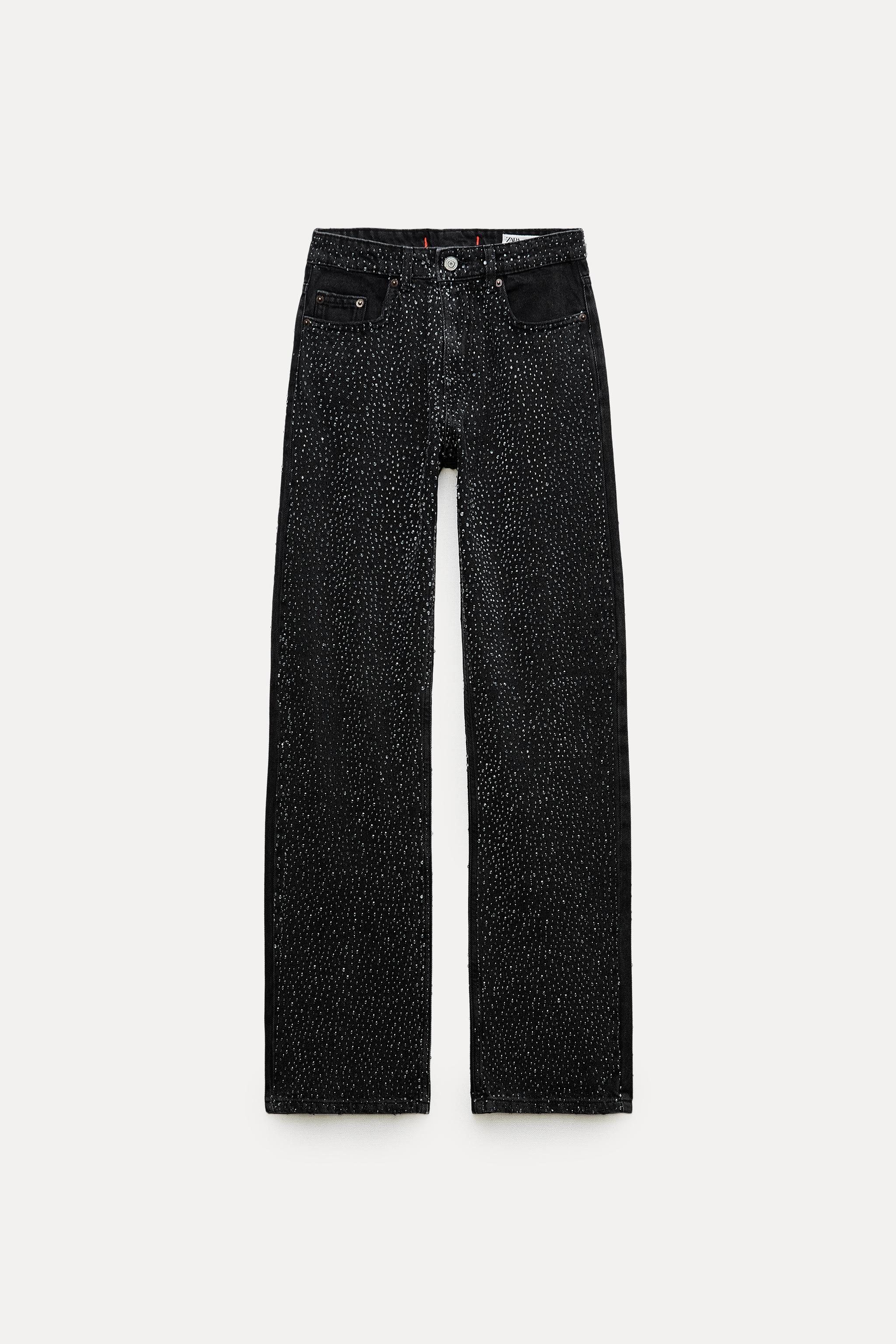 STRAIGHT CUT MID RISE RHINESTONE JEANS ZW COLLECTION - Black