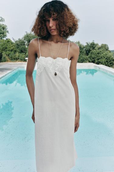 Zara ZW COLLECTION EMBROIDERED STRAP DRESS - White - Image 0