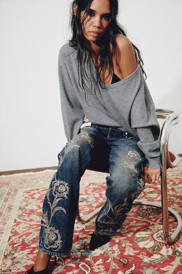 JEANS TRF WIDE LEG SHTRAT I ULËT ME QENDISJE DHE SHKËLQIM - Blu marinari nga Zara