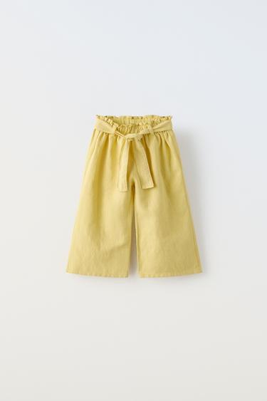 БРЮКИ ИЗ СМЕСОВОГО ЛЬНА С ШИРОКИМ ПОЯСОМ — ОЛИВКОВЫЙ от Zara — изображение 0