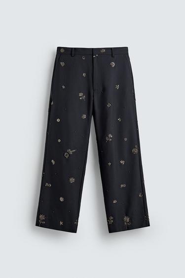 LIMITED EDITION RELAXED FIT SEQUIN TROUSERS - Dark navy by Zara