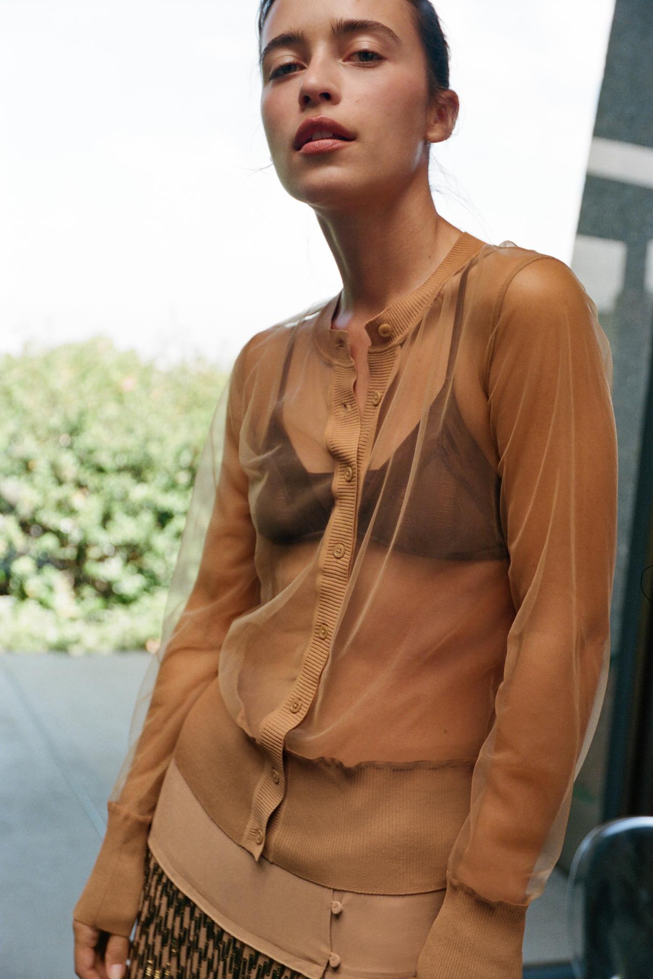 COMBINED GEORGETTE AND KNIT JACKET — Light brown