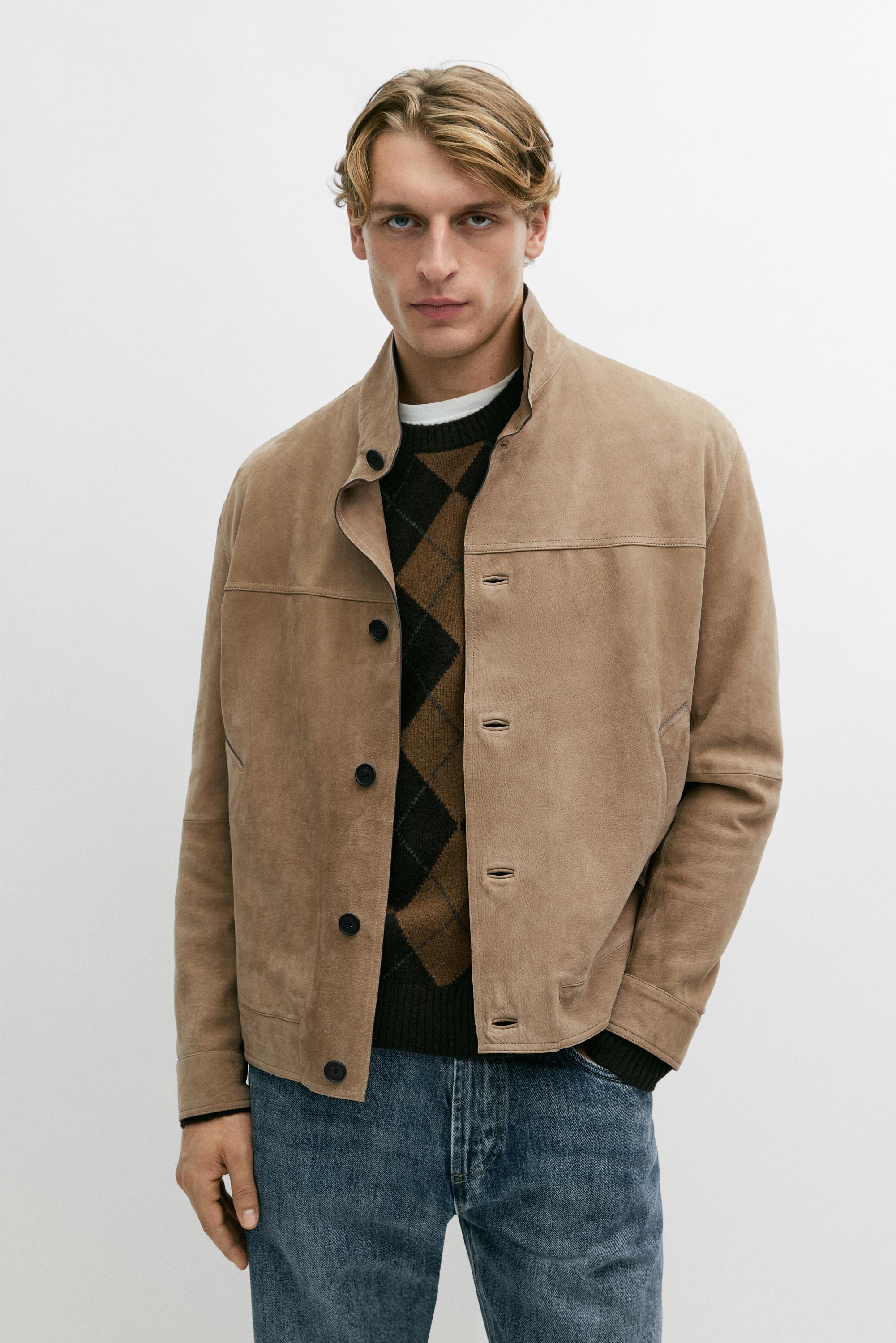 Veste col officier en cuir nubuck