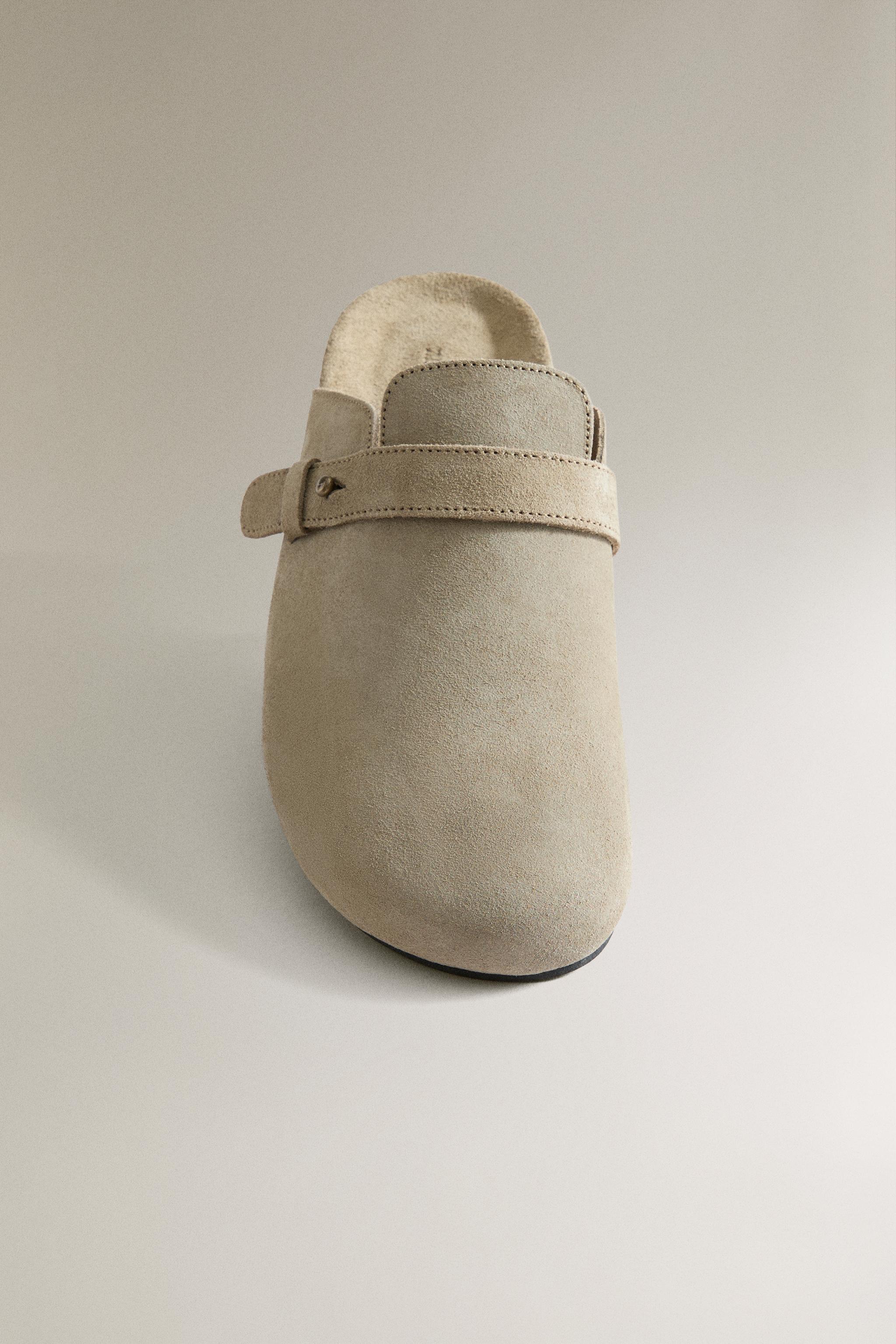 LEATHER MULE CLOG SLIPPERS WITH STRAP DETAIL - Taupe Gray | ZARA