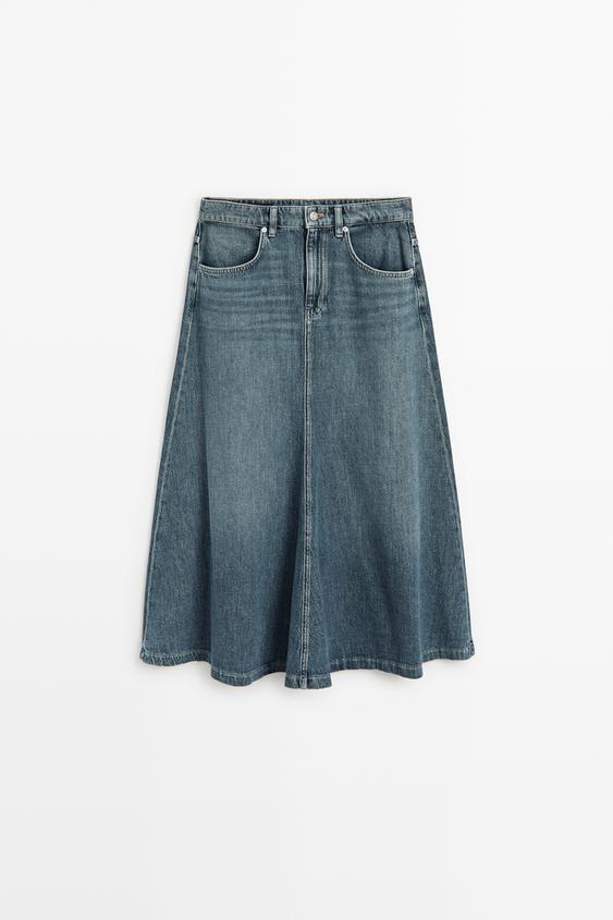 Zara Flare fit denim midi skirt - Mid-blue - Image 0