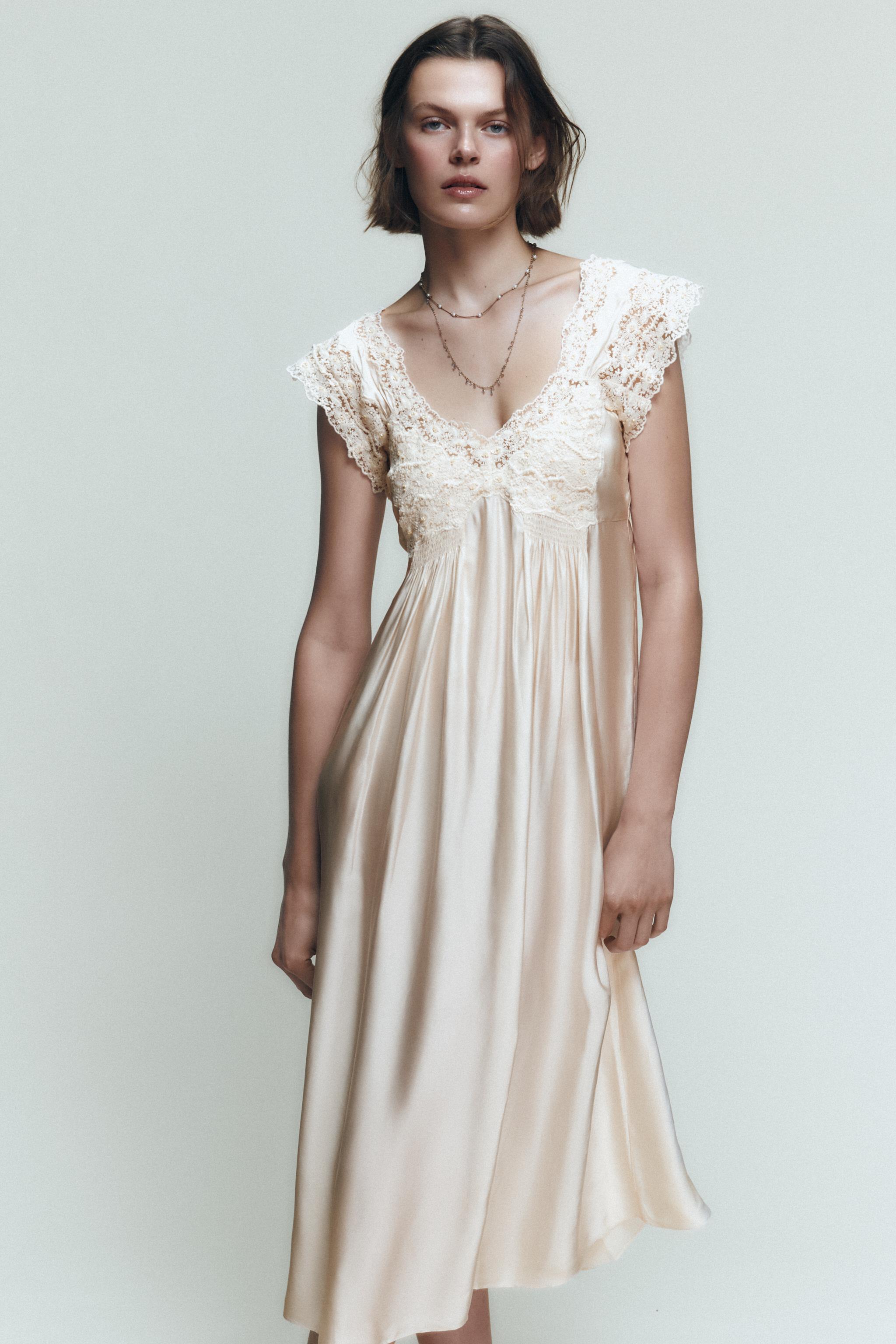 SATIN EFFECT LACE SLIP DRESS - Oyster-white | ZARA United States