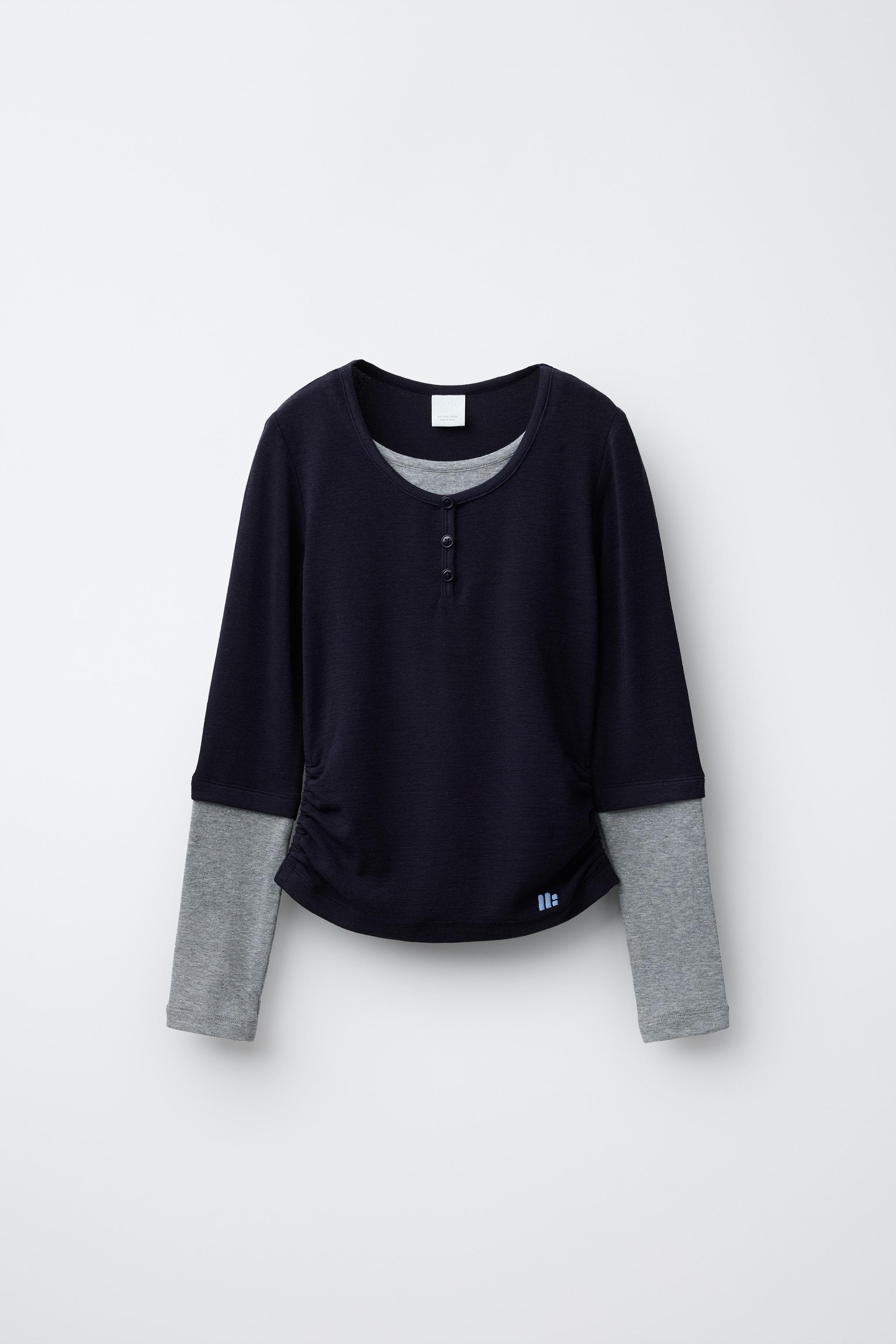 ギャザー入りダブルスリーブTシャツ - ブルー | ZARA Japan / 日本
