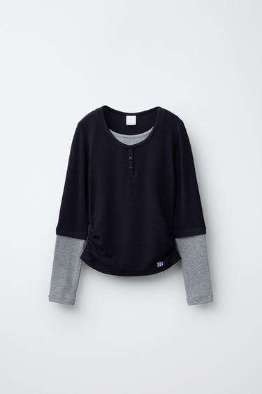 DOUBLE SLEEVE GATHERED T-SHIRT - Blue by Zara