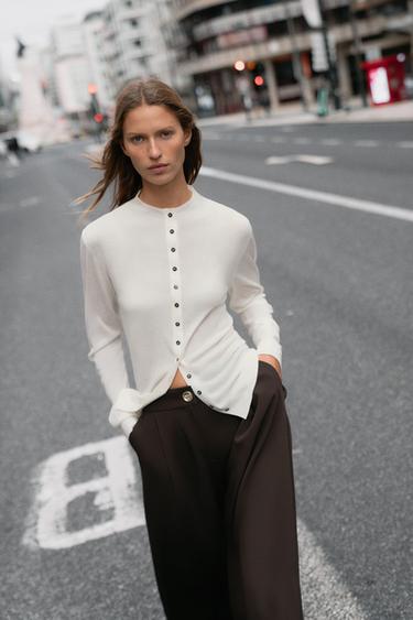 PALAZZO TROUSERS WITH GOLDEN BUTTON - Brown by Zara - Image 3