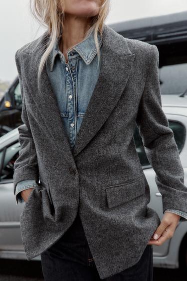 Zara HERRINGBONE WOOL BLAZER - Gray / Tan
