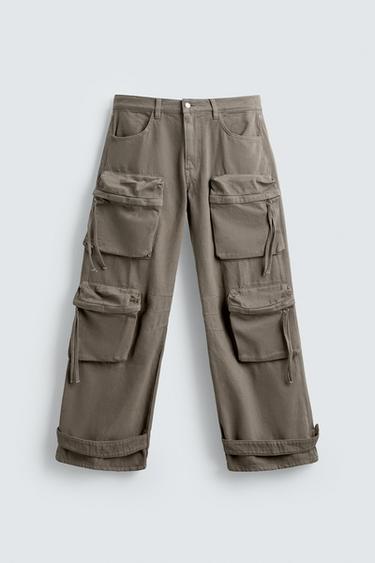 DENIM CARGO TROUSERS WITH POCKETS - Sand by Zara