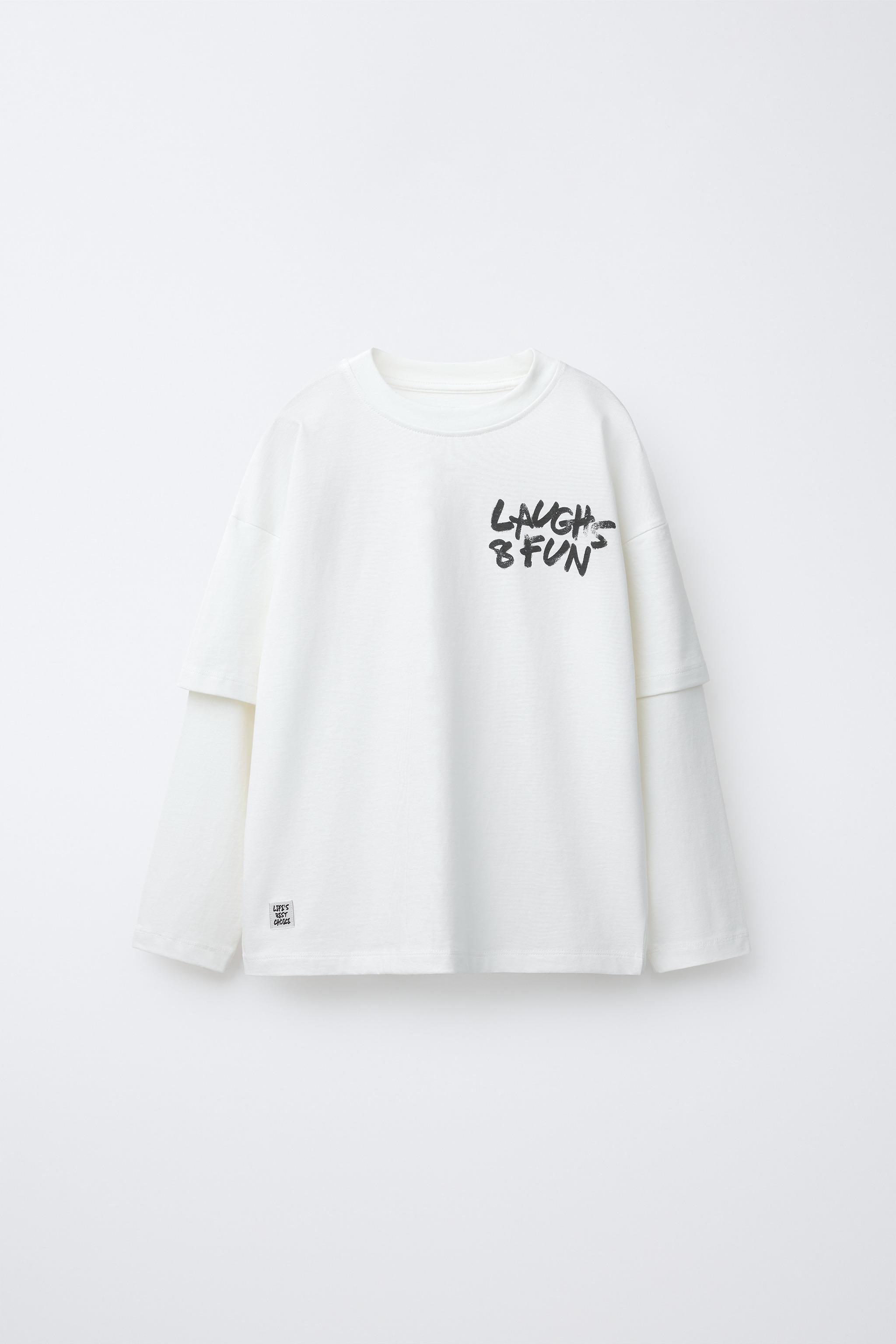 ダブルロングスリーブテキストプリントTシャツ - ホワイト | ZARA