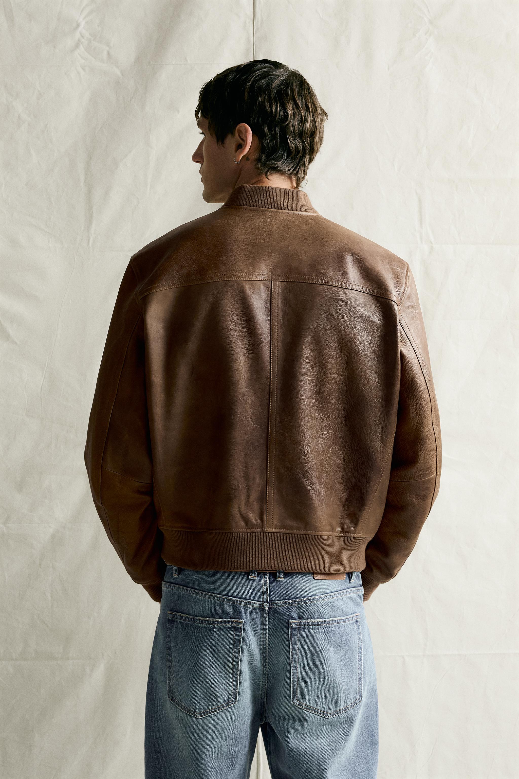Мужские куртки Zara VINTAGE-EFFECT LEATHER BOMBER JACKET — фото 3