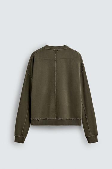 Zara WASHED CREWNECK SWEATSHIRT - Khaki