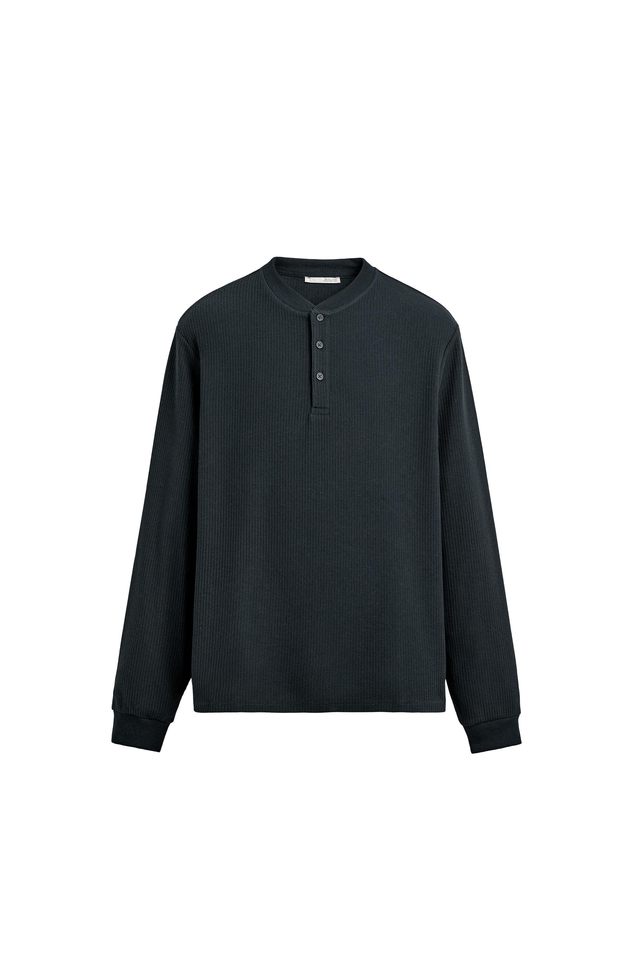 テクスチャー入り生地ヘンリーネックTシャツ - ネイビーブルー | ZARA