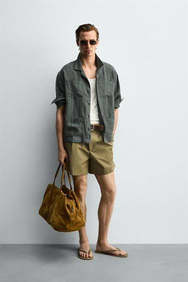 Zara RELAXED FIT 100% LINEN PLEATED SHIRT - Duck green