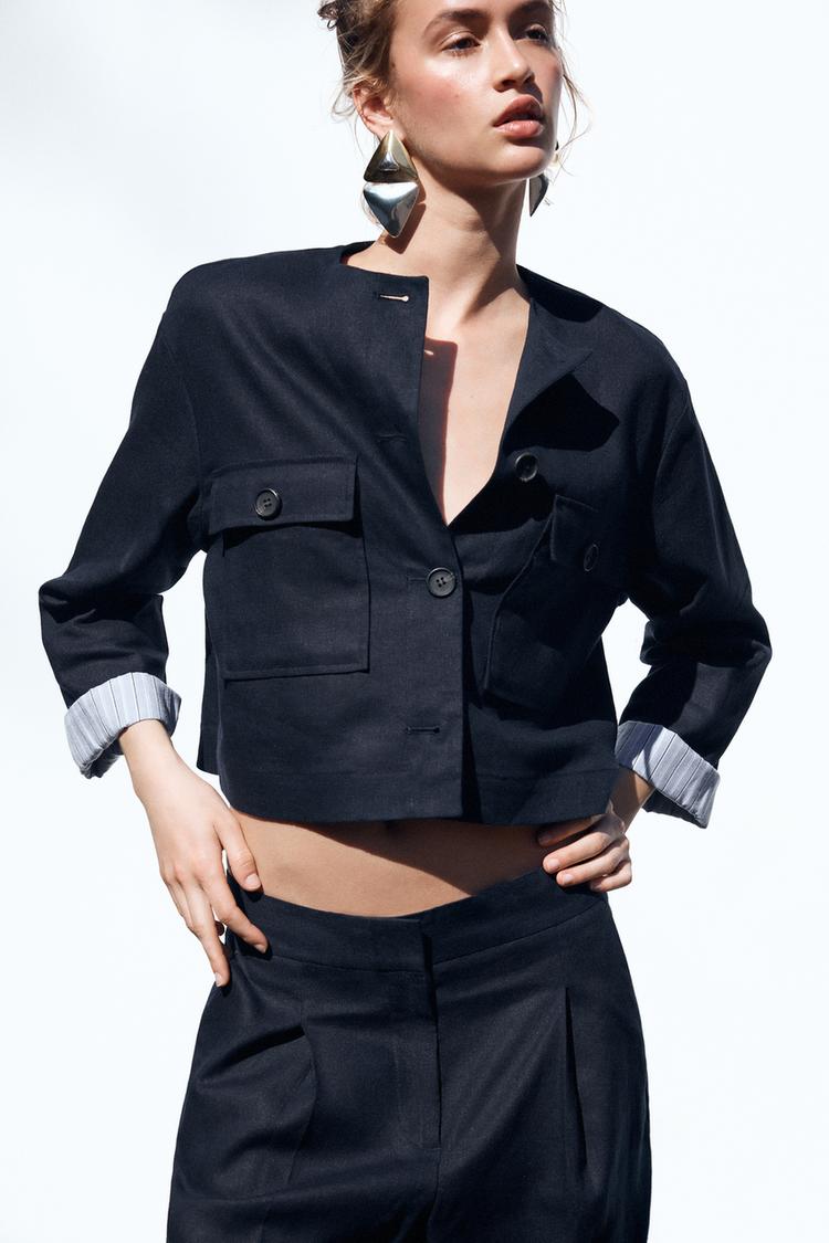 LINEN BLEND CROPPED JACKET - Navy blue by Zara - Image 1