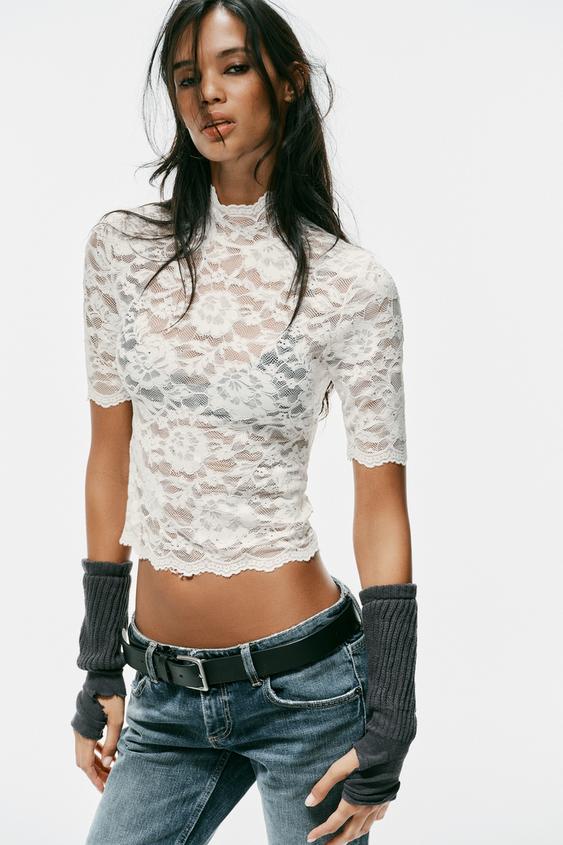 TOP EN DENTELLE À STRASS - Écru de Zara - Image 2