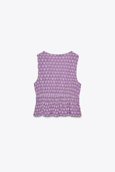TOP WITH CUTWORK EMBROIDERY AND TIE DETAIL - Lilac / White by Zara - Image 6